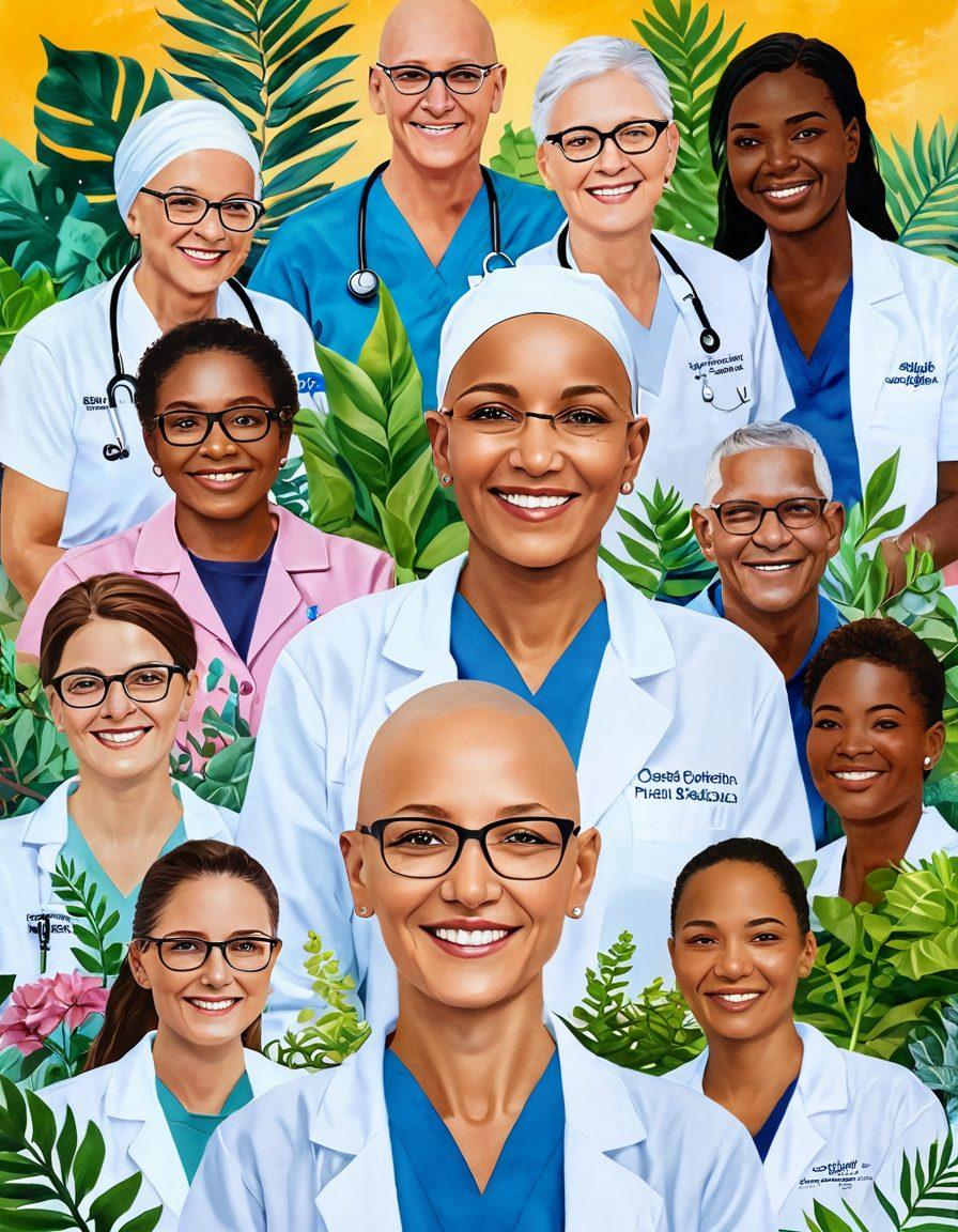 A collage illustrating hope and resilience in cancer treatment, featuring a triumphant patient smiling with a supportive healthcare team, innovative medical technology in the background, and vibrant plants symbolizing life. The scene conveys strength and community, with soft light reflecting a sense of optimism. painting. vibrant colors. inspirational.