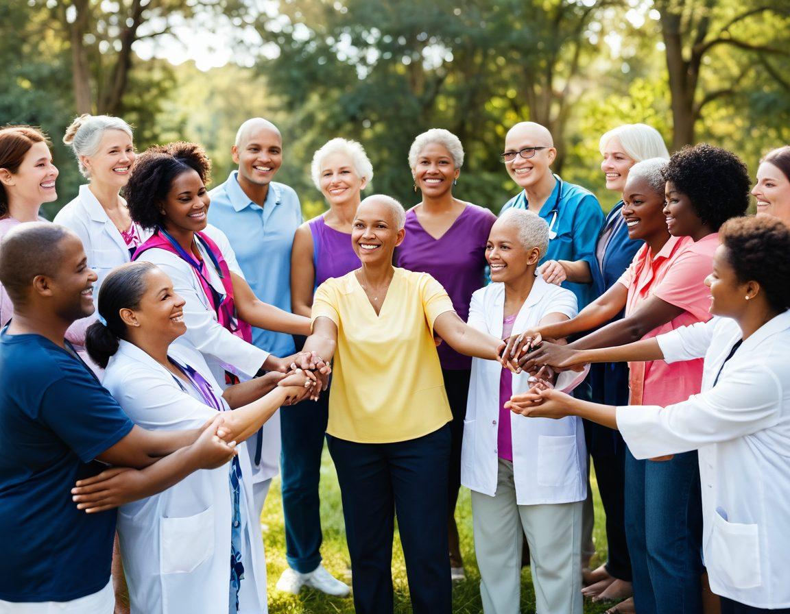 A resilient cancer survivor surrounded by a diverse group of advocates and healthcare providers, all holding hands in a circle of support. The background features a serene nature scene symbolizing hope and healing, with colorful ribbons representing different cancers fluttering in the breeze. The characters express optimism and unity, highlighting the importance of advocacy in oncology care. super-realistic. vibrant colors. soft focus.
