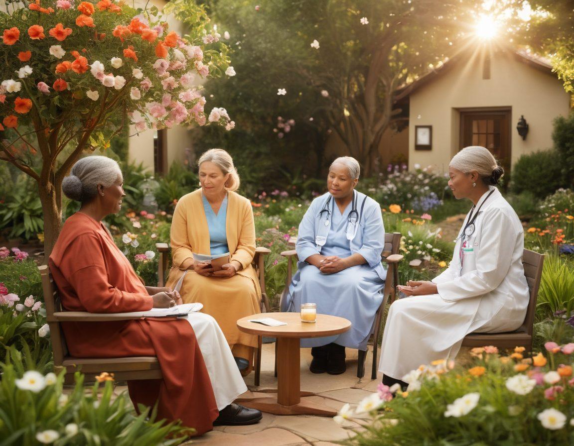 A serene scene depicting a diverse group of patients engaged in a supportive discussion, surrounded by symbols of hope like blooming flowers and uplifting quotes. Soft lighting and warm colors evoke a sense of empowerment and community, with medical resources like pamphlets and digital devices subtly included. The backdrop features a peaceful garden to symbolize healing and growth. super-realistic. vibrant colors. soft focus.
